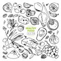 Hand drawn healthy food set. Italian and Mediterranean cuisine. Doodle vector. Royalty Free Stock Photo